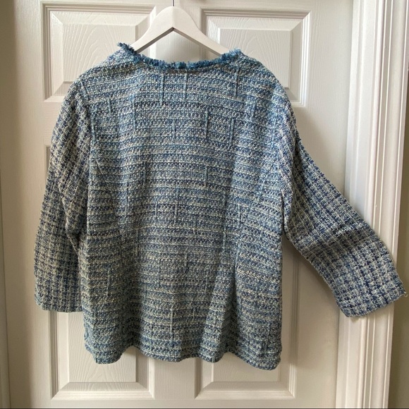 Nic & Zoe Fringe-Trimmed Cardigan XL Blue Tweed 3/4 Sleeves - Picture 5 of 6